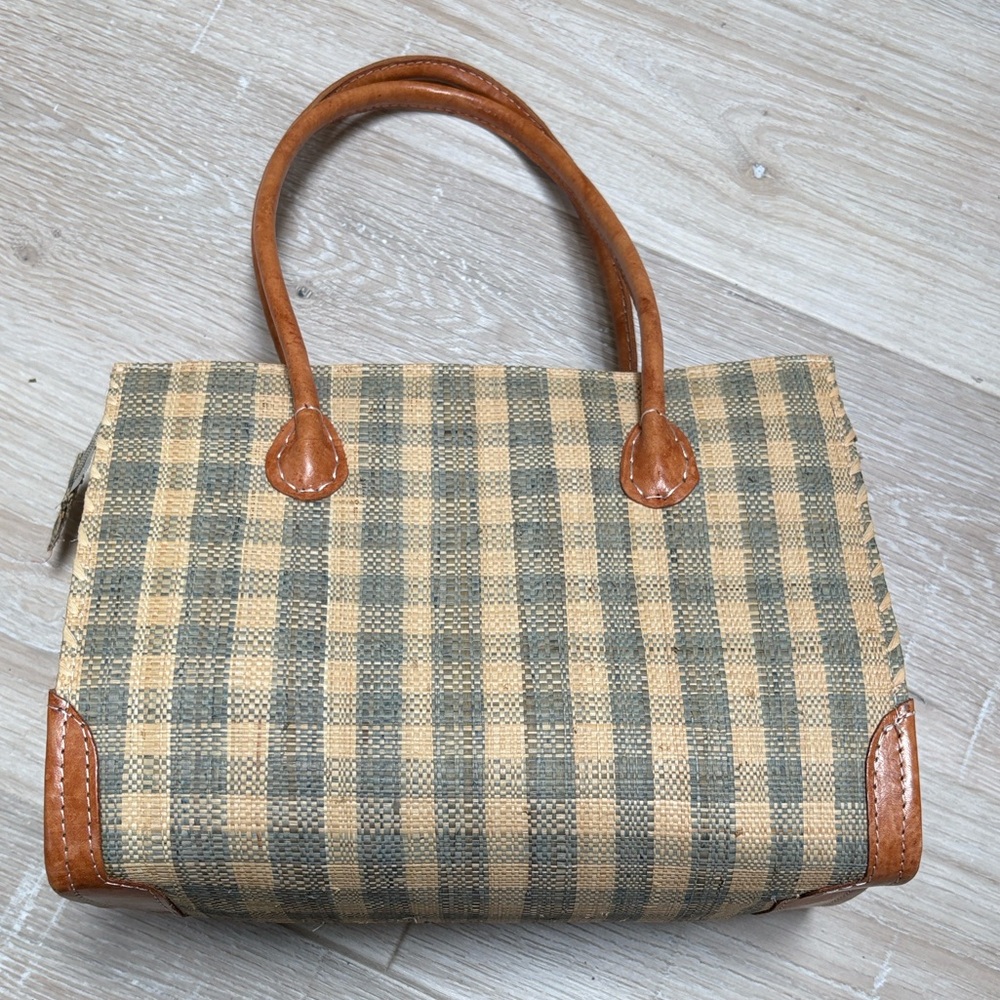 Plaid Tan and Green Women's Straw Handbag